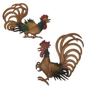 Vtg MCM Cast Metal Rooster Wall Art Hanging Set Mid West Decor Farm Farmhouse